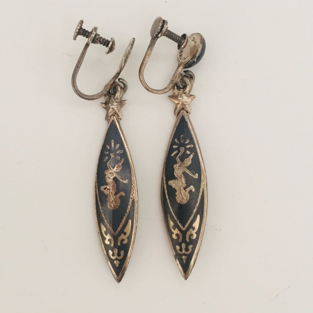 Vintage Siam (Thailand) Niello Mekkala Sterling Silver Earrings